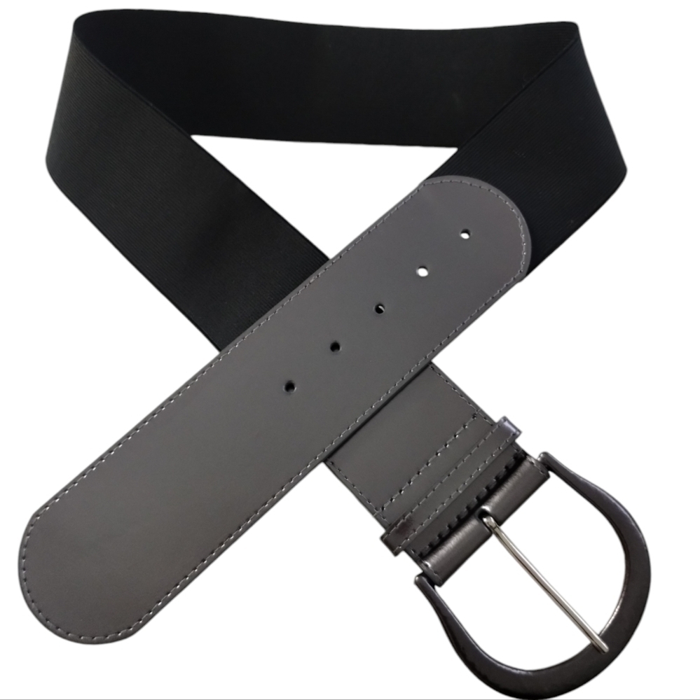 Women Grey 2½" Faux Leather Wide Elastic Belt Round Metal Buckle Fit Large/XL‎